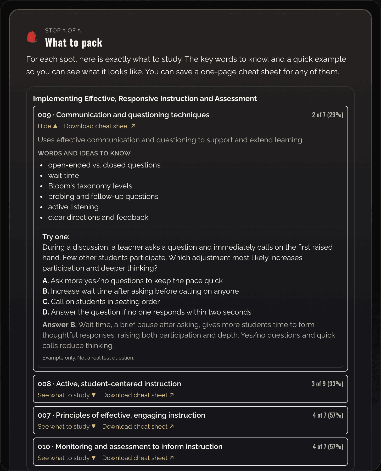 A cheat sheet with key concepts and a worked example